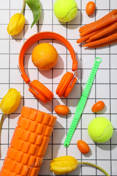 Preview: Sports tools with flowers on a light checkered background.
