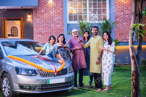 Preview: Indian asian family buys new car and standing for photograph wit