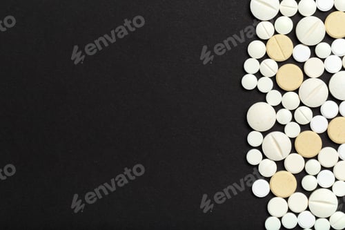 Preview: Various types of pills and tablets arranged on a dark background