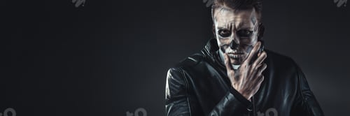 Preview: Skull Face in Leather Jacket Wide Banner with Copy Space