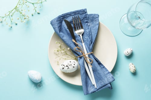 Preview: Easter table setting on blue.