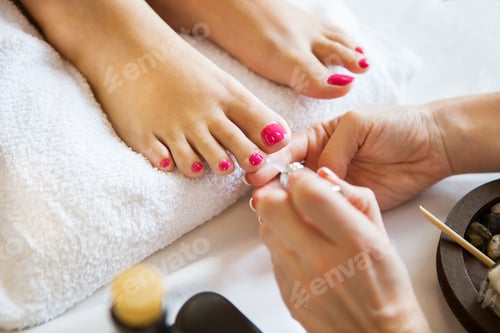 Preview: Woman in nail salon receiving pedicure by beautician