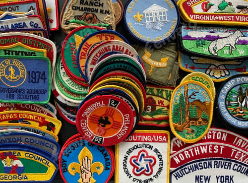 Preview: Overhead of Boy Scouts of America or the now called Scouts BSA merit badges patches assortment.