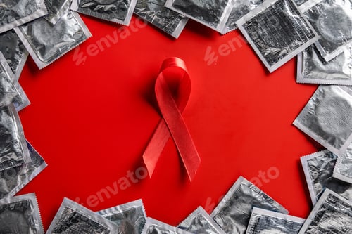 Preview: top view of aids awareness red ribbon and silver condoms on red background