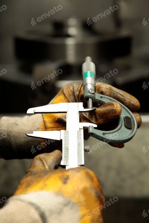 Preview: Metal measuring instruments in worker's hand. Vernier caliper measurement, Micrometer.