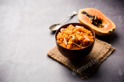 Preview: Papaya or Papita sweet Halwa recipe from india, served in a bowl