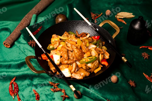 Preview: Stir Fried Pork Dish Presented in a Wok on Green Velvet