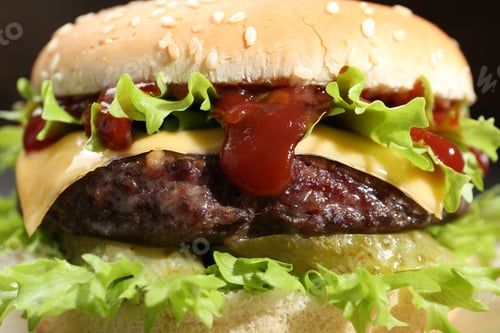 Preview: Burger with delicious patty on table, closeup