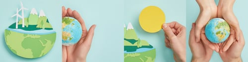 Preview: collage of man and woman holding globe, paper cut with earth isolated on blue, environmental concept