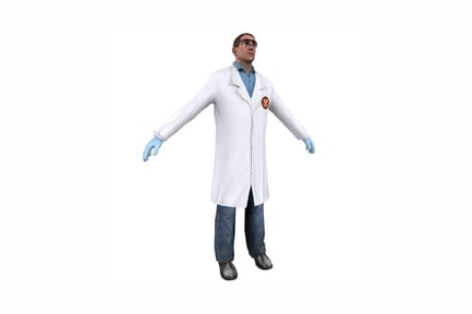 Preview: Lab-coated figure with upturned head and extended arms