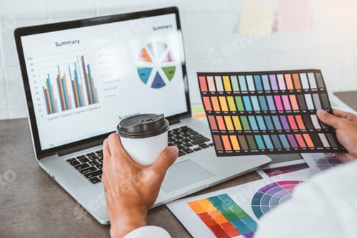 Preview: Two Graphic designer Brainstorming Meeting and drawing on graphics tablet at workplace