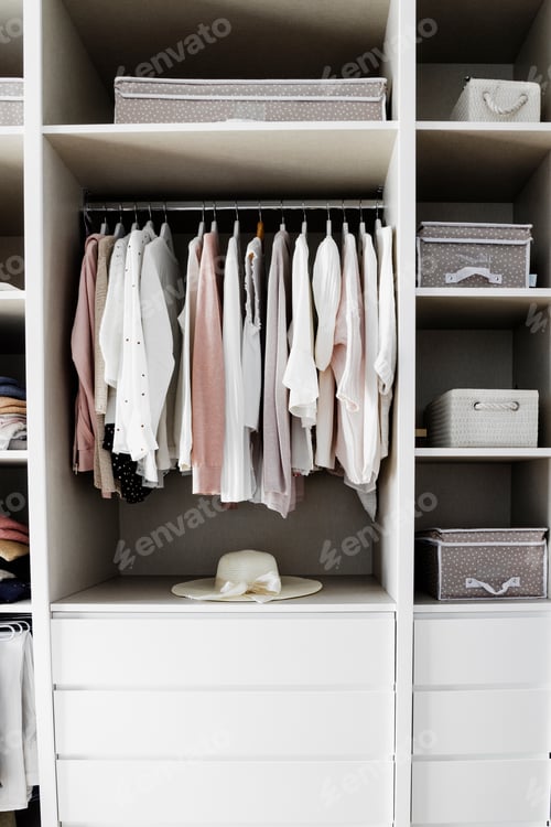 Preview: Wardrobe Interior with Clothes and Storage Boxes