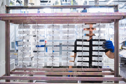 Preview: Man working in factory shop floor hanging products on rack