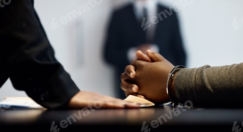 Preview: Interrogation, legal and crime with hands of people in prison for law, security and questions. Just