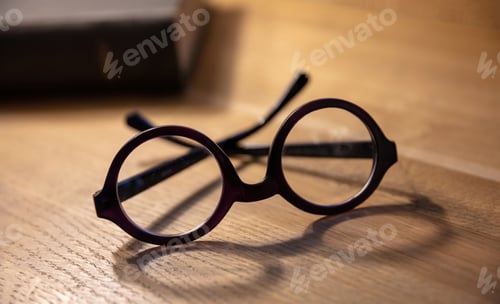 Preview: Eyeglasses on a wooden table. Teacher doctor office desk. Study room, library
