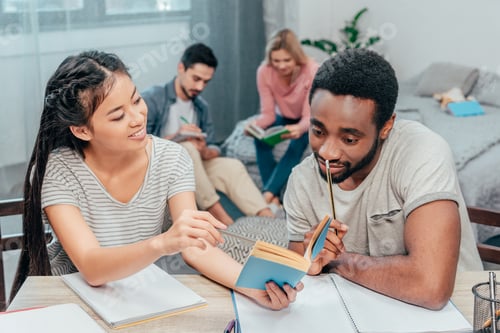 Preview: young happy students studying at home