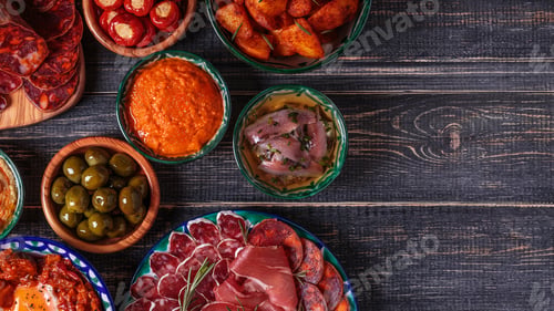 Spanish Tapas Selection on Rustic Wooden Table