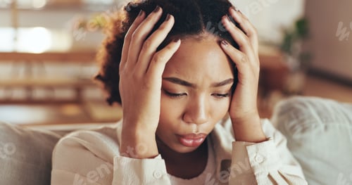 Preview: African, woman and stress with depression at house for financial news, headache and anxiety challen