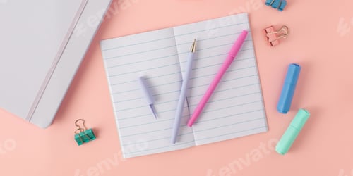 Preview: A colorful composition of a set of stationery for study and office. Back to school.