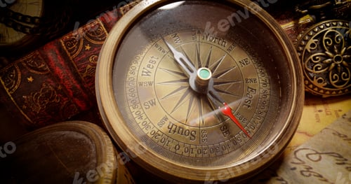 Preview: Vintage style travel and adventure. Vintage old compass and other vintage items on the table.