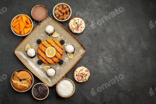 Preview: top view delicious little cake with coconut candies on dark-grey background cake dessert biscuit pie