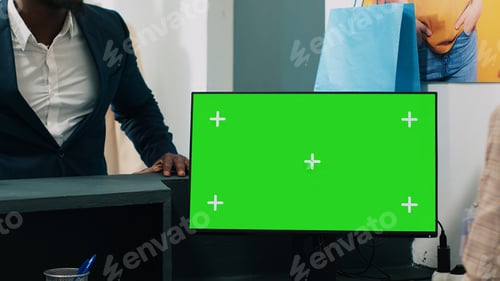 Preview: African american worker uses computer with greenscreen display