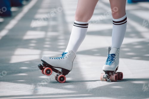 Preview: partial view of woman in white high socks with black stripes and retro roller skates