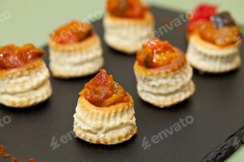 Preview: Closeup of delicious stuffed vol-au-vent on a black serving board on the table