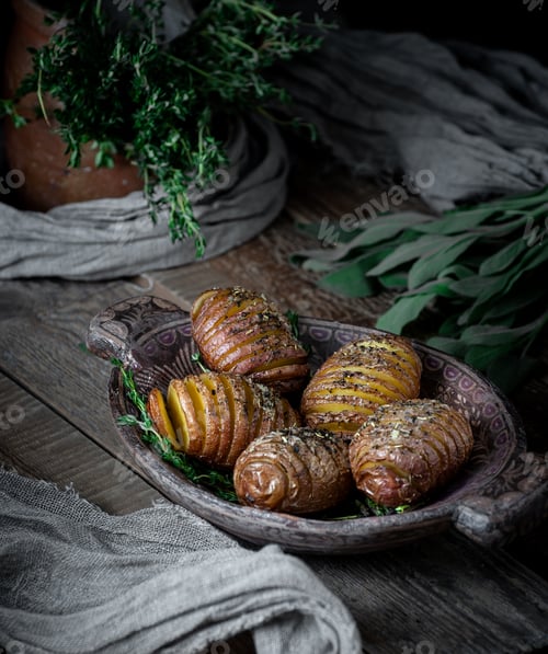 Preview: Potatoes in a wooden plate, baked with herbs and spices. Food ph