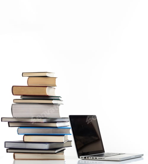 Preview: Elearning, books stack and a laptop isolated on white background