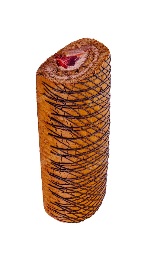 Preview: Delicious chocolate swiss roll cake covered with chocolate drizzle isolated on white background