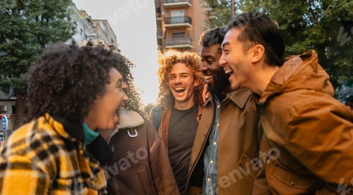 Preview: Happy multi ethnic friends laughing together outdoors in urban street