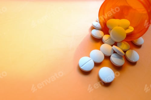 Preview: Close up of white pills spilling on orange background
