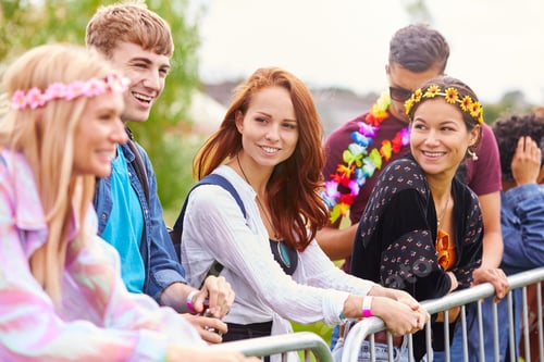 Preview: Group Of Young Friends Waiting Behind Barrier At Entrance To Music Festival Site