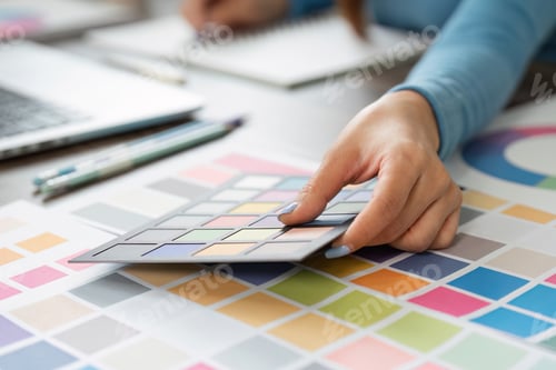 Preview: Palette Planning and Creative Process. A designer analyzing color options and textures.