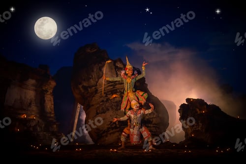 Preview: Khon is art culture Thailand Dancing in masked Tos-sa-kan and Hanuman are fighting in literature Ram