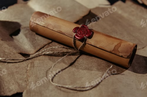 Preview: antique manuscript stamped with wax seal on parchment surface