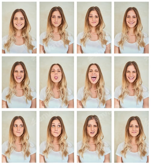 Preview: Composite shot of a young woman making various facial expressions in studio