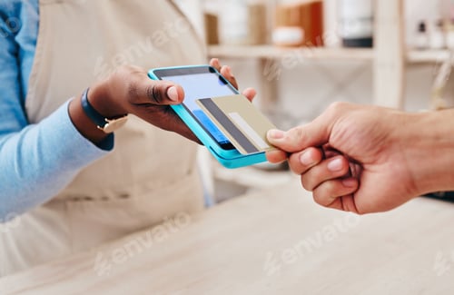 Preview: Credit card, payment screen and hand with store cashier, machine and transaction in a retail shop.