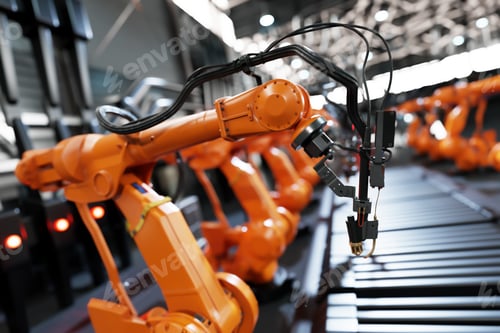 Preview: Robotic arms along assembly line in modern factory.