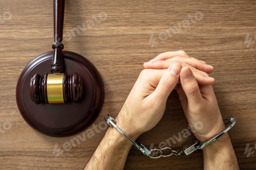 Preview: Handcuffed Convict. Court sentence Prison. Handcuff locked and judge gavel on table, top view..