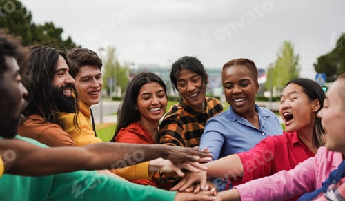 Preview: Happy young multiethnic people stacking hands in the city