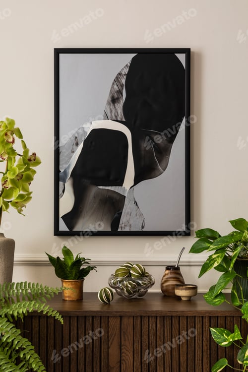 Preview: Warm and cozy composition of living room interior with personal accessories. Home decor. Template.