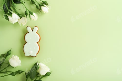 Preview: Happy Easter. Postcard with Easter cookies or gingerbread and beautiful flowers on light green backg