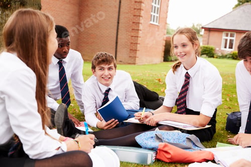 Preview: Teenage Students In Uniform Working On Project Outdoors