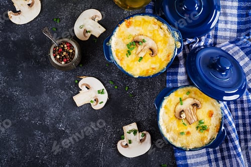 Preview: Baked mushroom julienne with chicken and cheese in pots. Top view