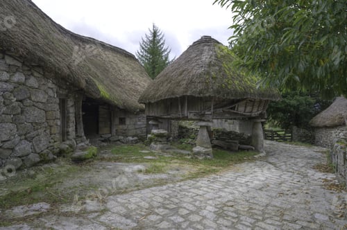 Preview: Pallozas and horreos of stone with thatched roof in Piornedo