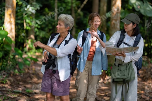 Preview: Backpack tourist travel outdoor adventure bird study using binoculars looking and record to book