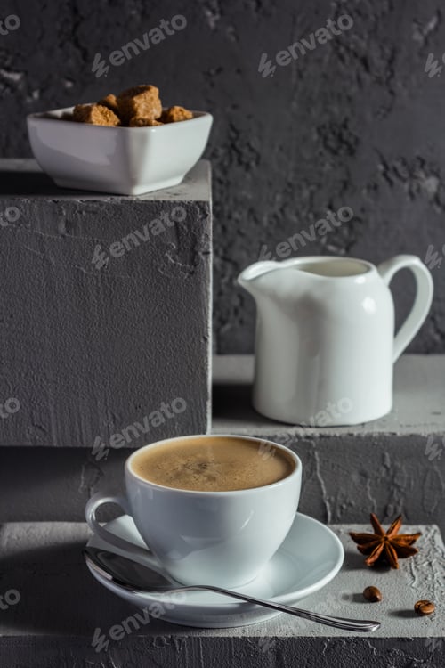Preview: Cup of coffee on concrete grey abstract background texture. Set of coffee and food ingredient