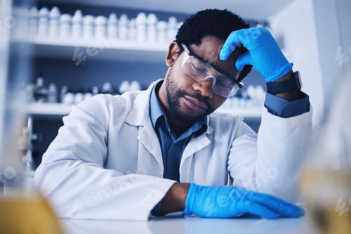 Preview: Burnout, stress and scientist black man with a headache during medical research in a lab or laborat